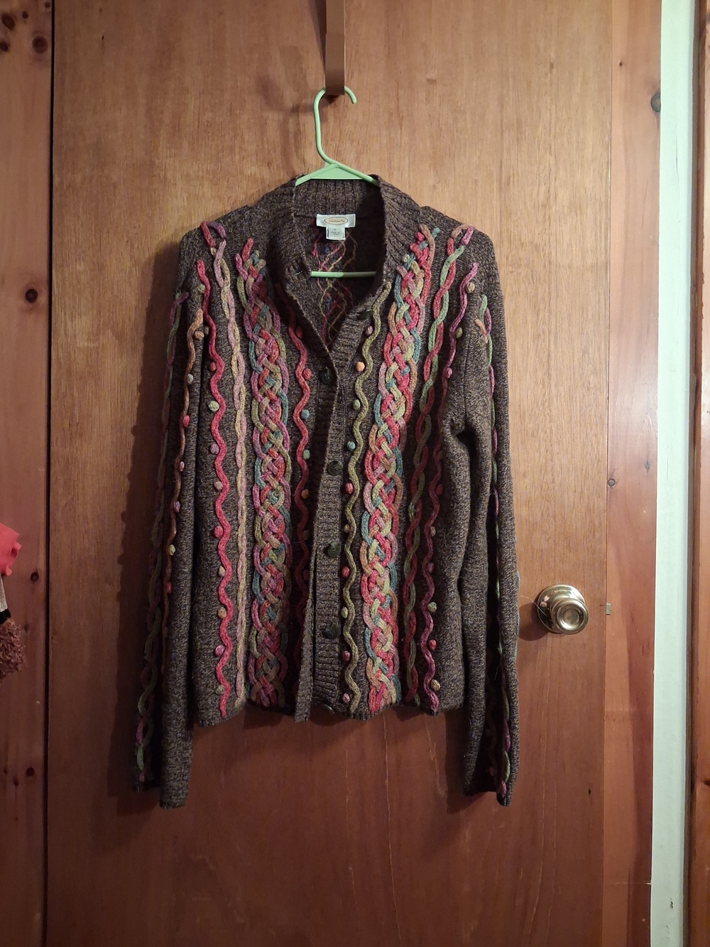 Talbots Brown Cable Knit Cardigan with Pink, Green & Tan Braids